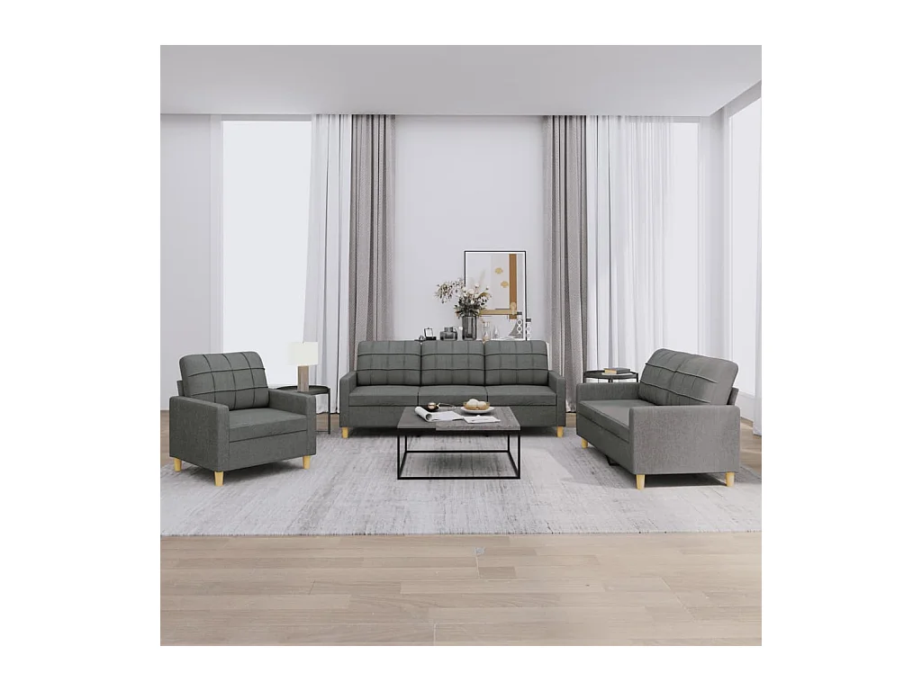 Set di divani 3 pezzi con cuscini in tessuto grigio scuro