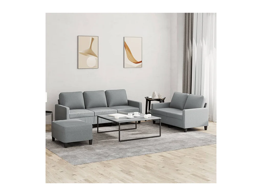 Set di divani 3 pezzi con cuscini in tessuto grigio chiaro