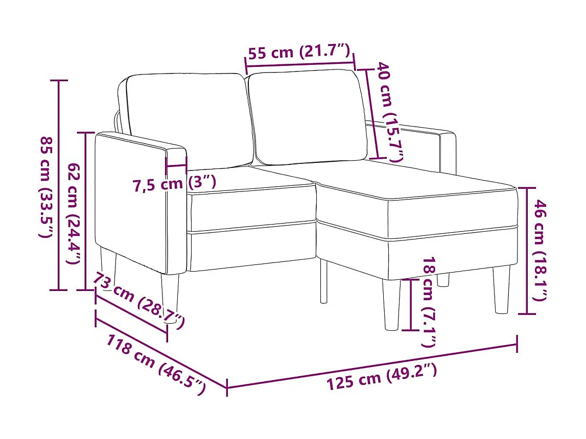 2-Sitzer-Sofa mit L-förmiger Chaiselongue aus blauem Leinen, 125 cm