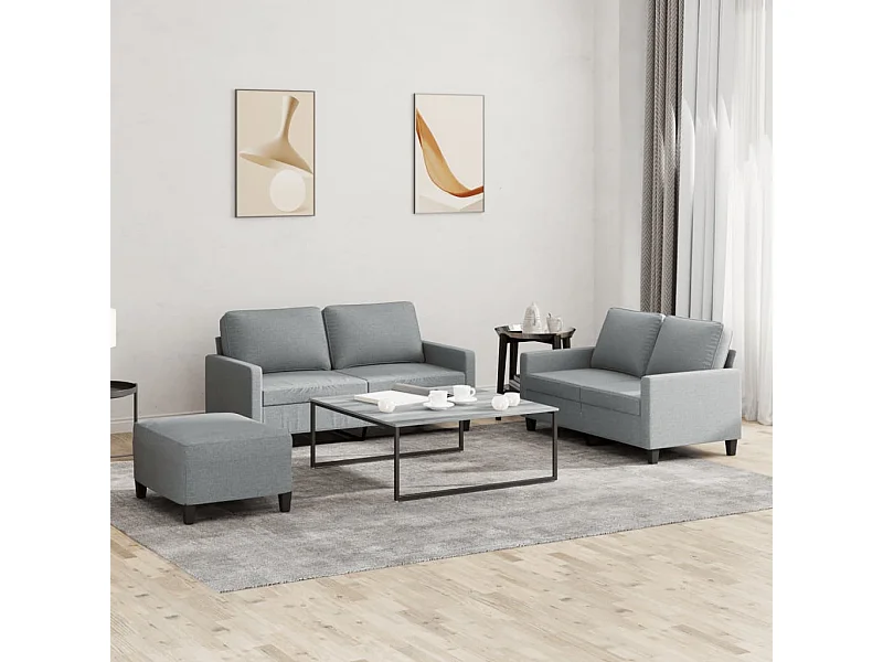Set di divani 3 pezzi con cuscini in tessuto grigio chiaro