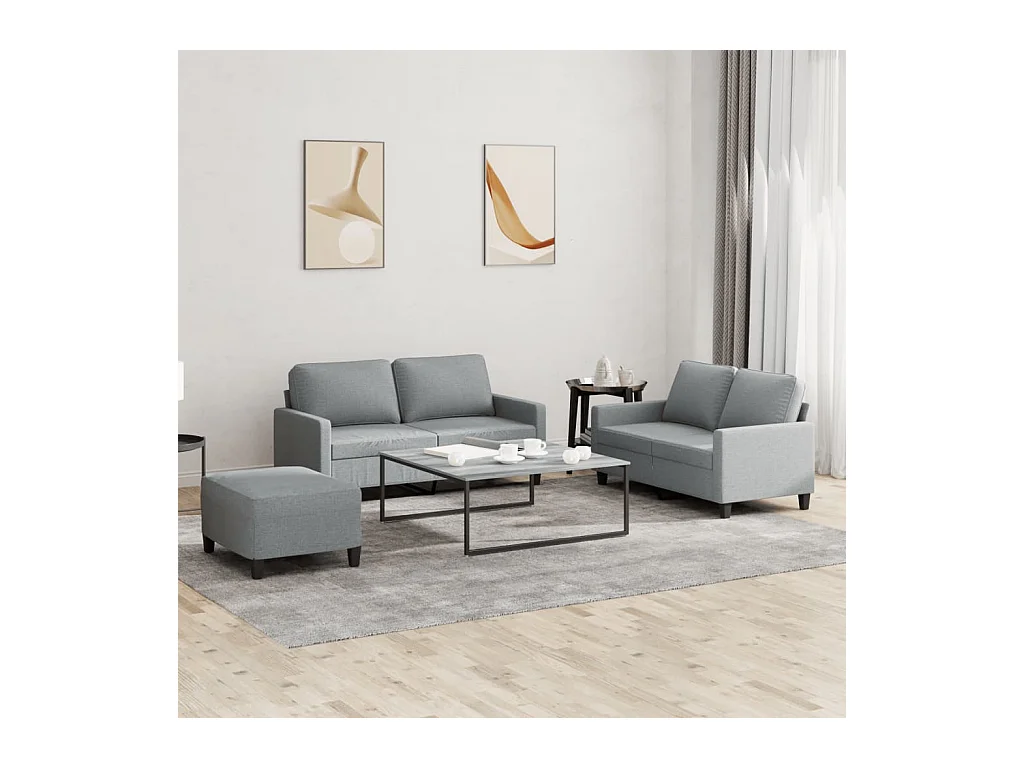 Set di divani 3 pezzi con cuscini in tessuto grigio chiaro