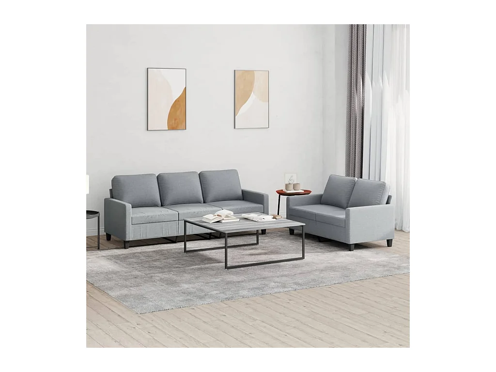 2-teiliges Sofaset mit Kissen, hellgrauer Stoff