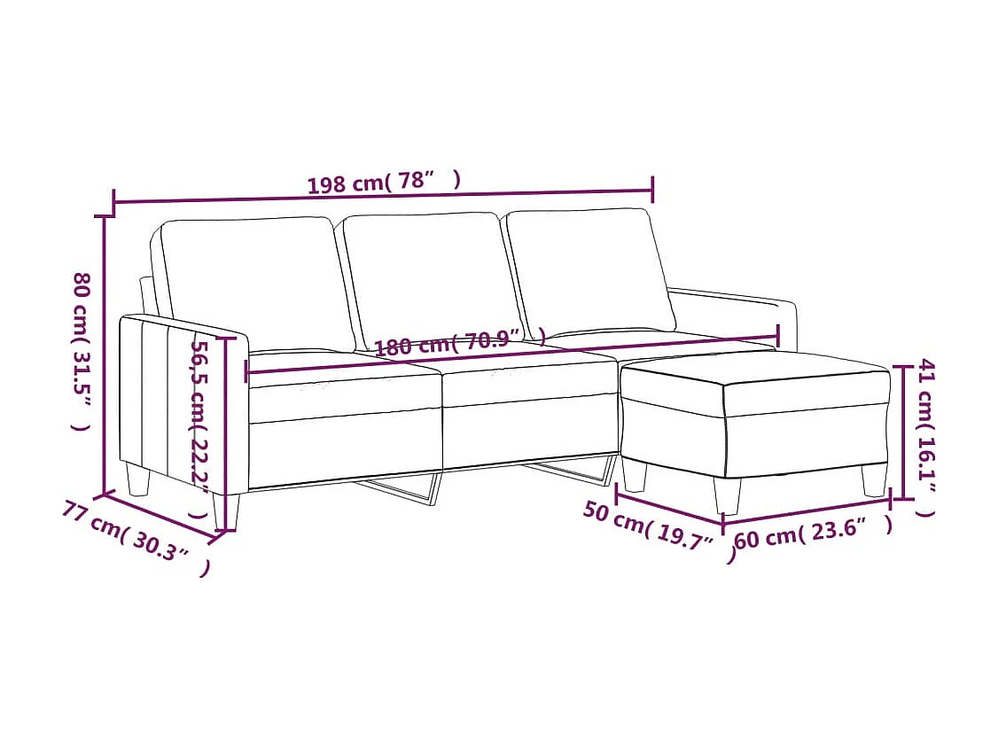 Sofá 3 plazas con reposapiés Gris 180 cm Piel sintética