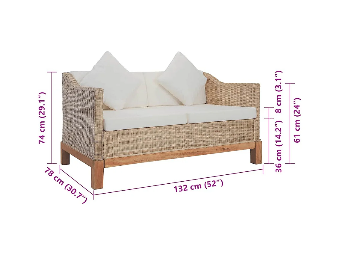 2-Sitzer-Sofa mit Kissen aus natürlichem Rattan