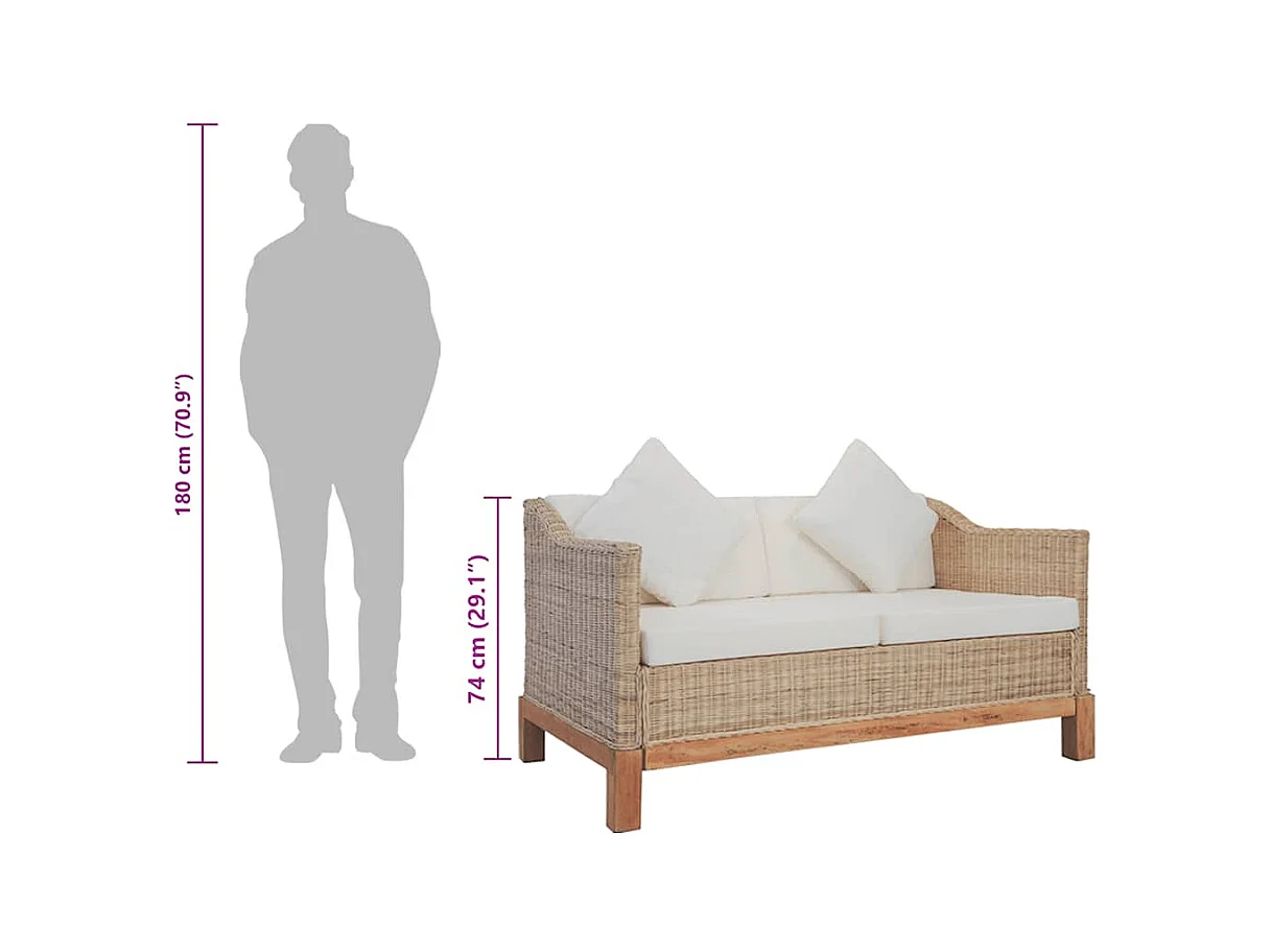 2-Sitzer-Sofa mit Kissen aus natürlichem Rattan