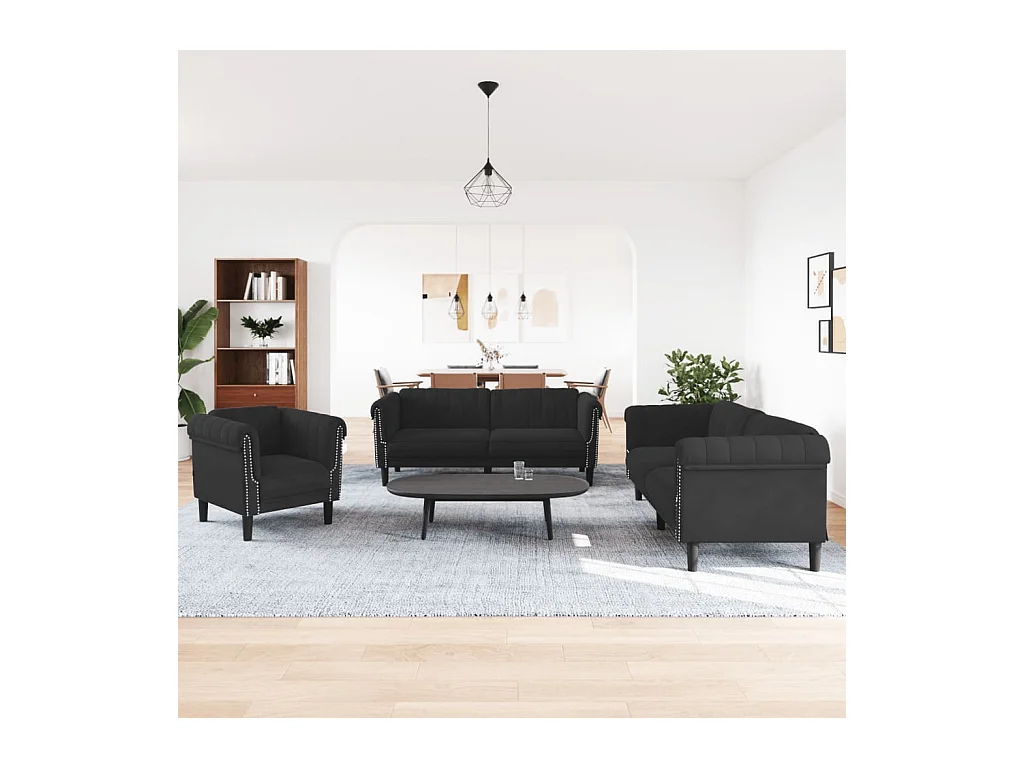 Set di divani in velluto nero da 3 pezzi