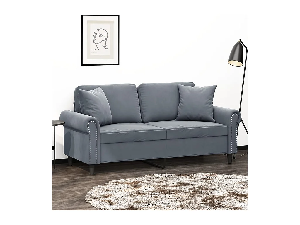 Sofá de 2 plazas con cojines gris oscuro de terciopelo de 140 cm