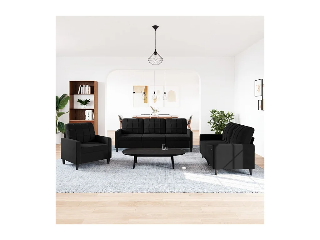 Set di divani 3 pezzi con cuscini in velluto nero