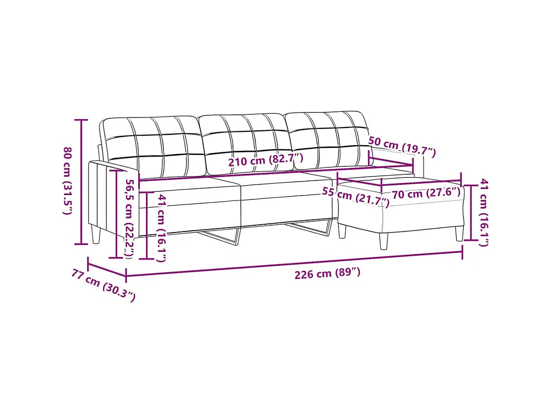 Divano a 3 posti con poggiapiedi in tessuto color crema da 210 cm
