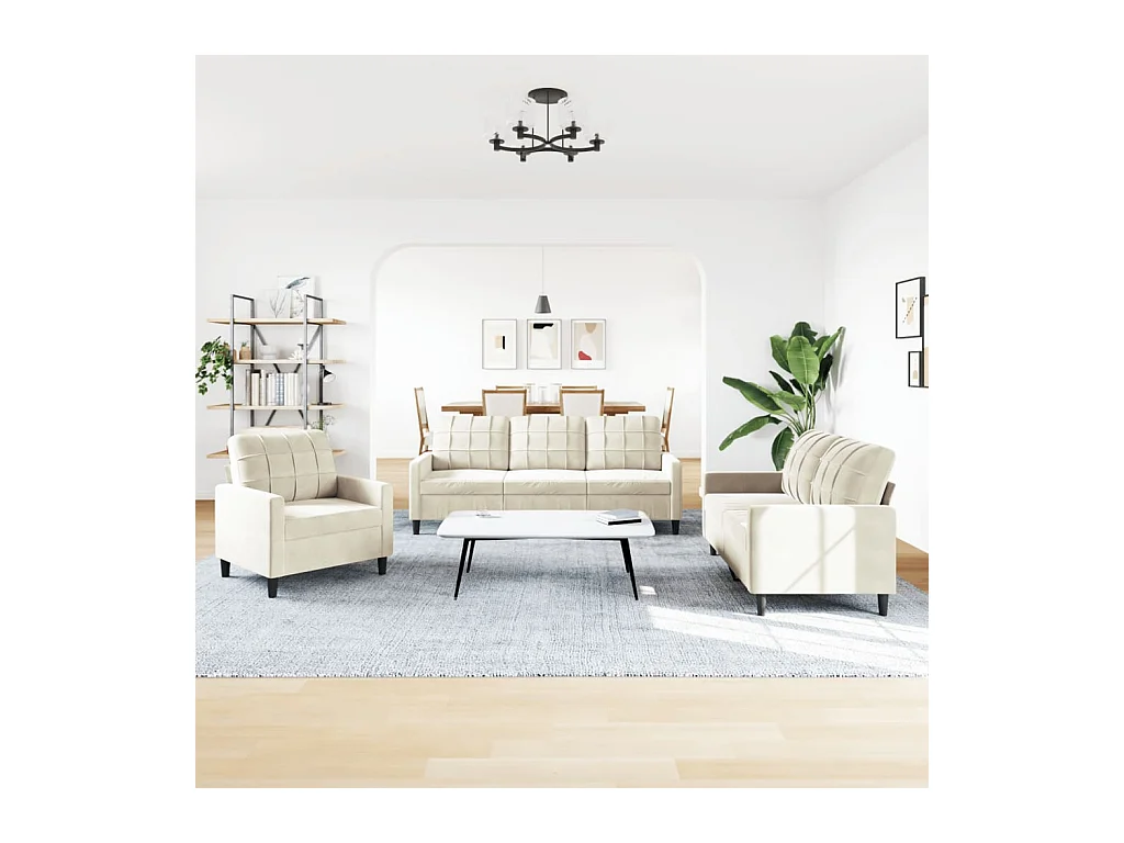 3-delige bankstel met crèmekleurige fluwelen kussens