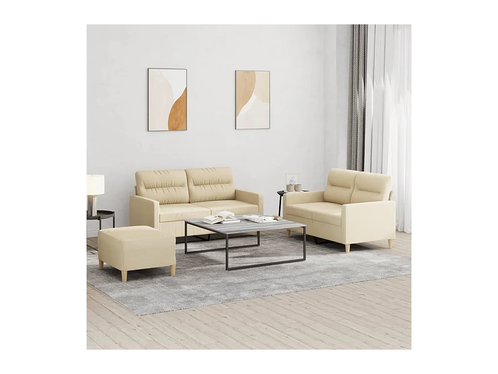 Set di divani 3 pezzi con cuscini in tessuto crema