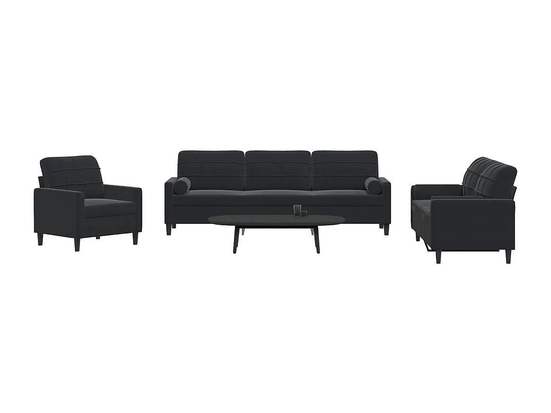 Conjunto de sofá de 3 piezas con cojines y almohadones de terciopelo negro