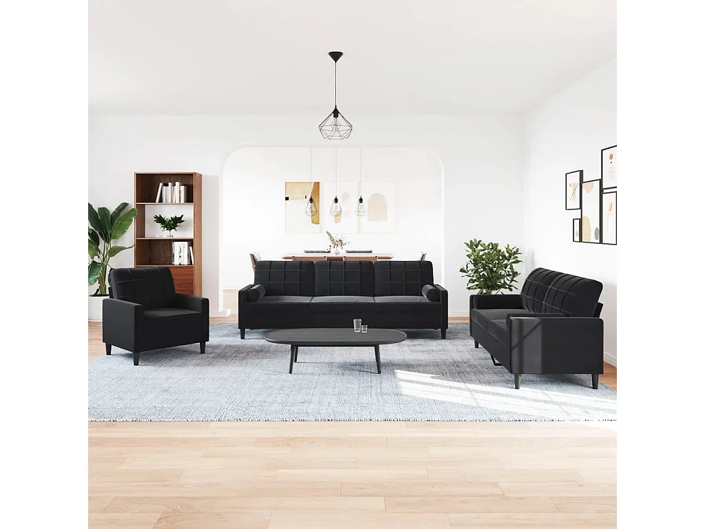 Conjunto de sofá de 3 piezas con cojines y almohadones de terciopelo negro
