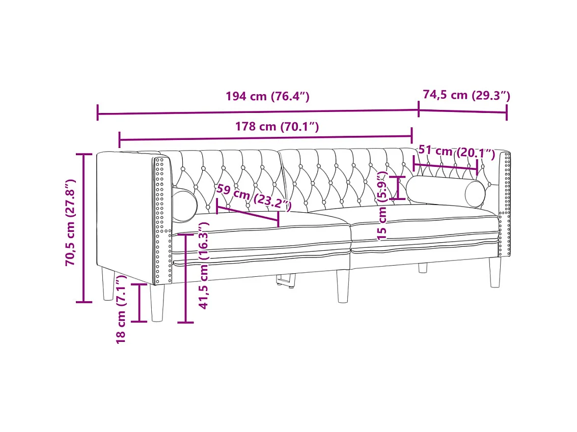 Chesterfield bank met 3-zits kussens in donkergroen fluweel