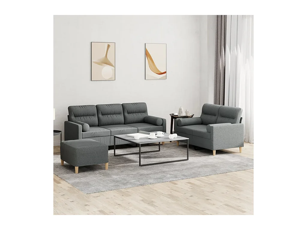 Set di divani da 3 pezzi con cuscini in tessuto grigio scuro