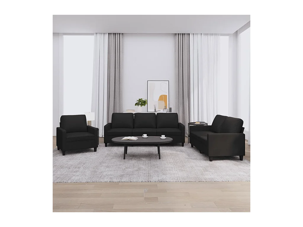 Conjunto de sofá de 3 piezas con cojines de piel sintética negra