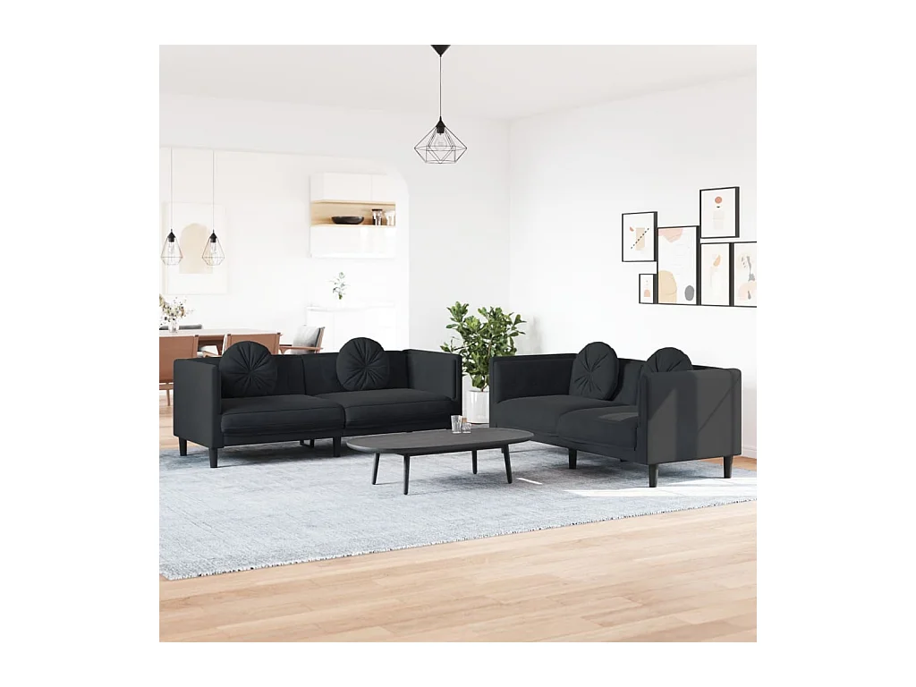 Conjunto de sofá de 2 piezas con cojines de terciopelo negro