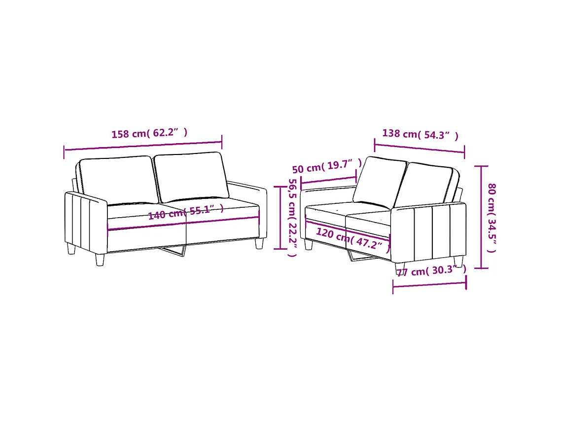 Set di divani 2 pezzi con cuscini in tessuto rosso bordeaux