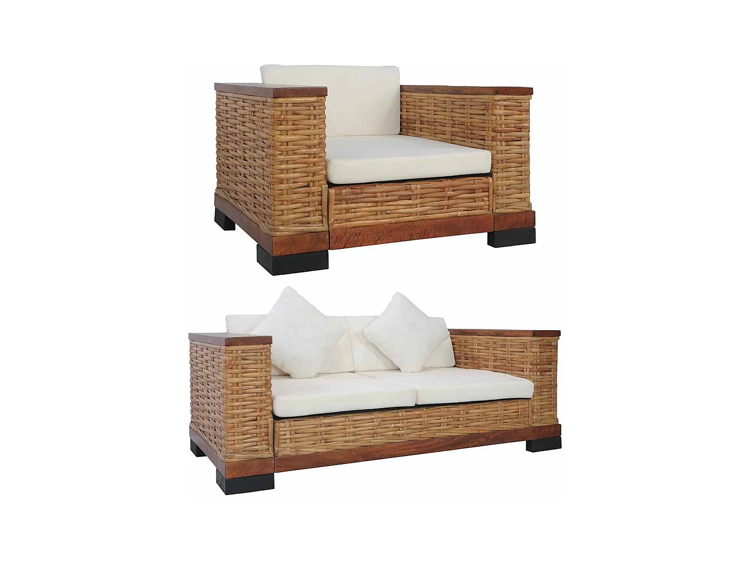 2-delige bankstel met bruine kussens van natuurlijk rotan