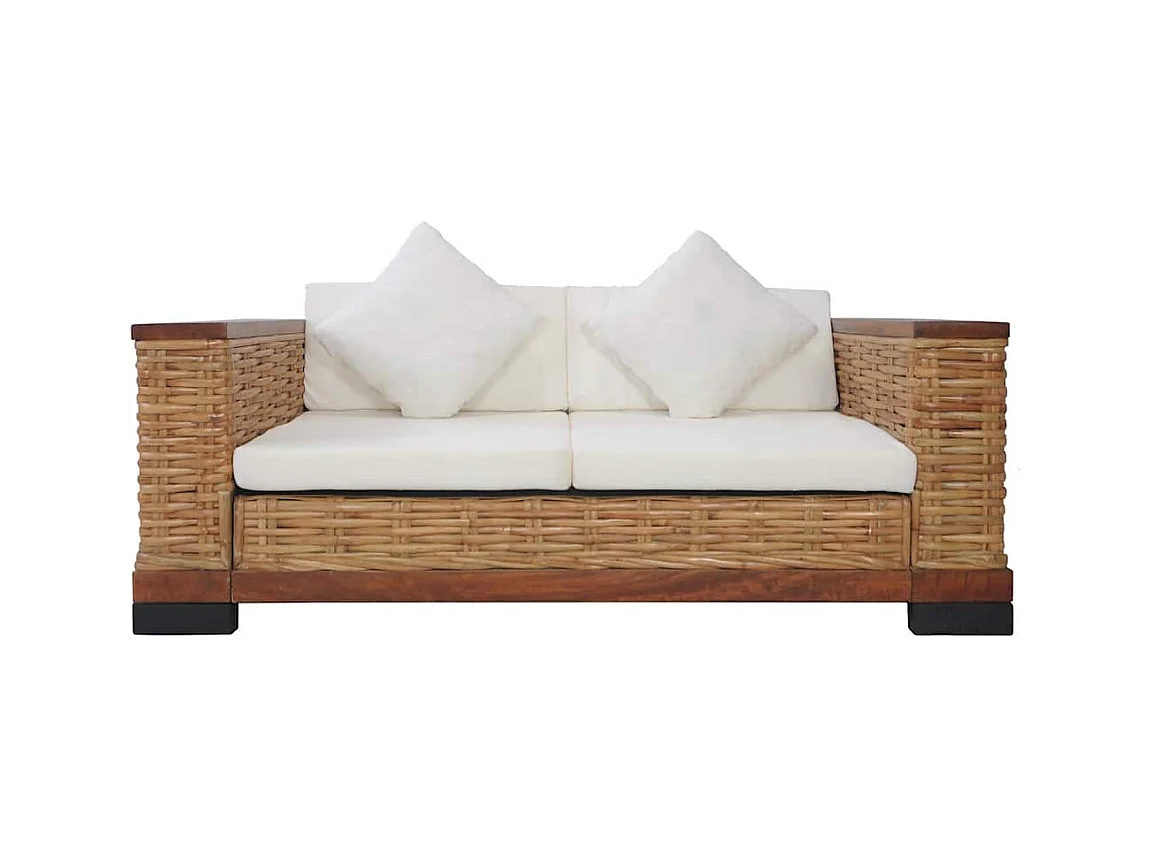 2-delige bankstel met bruine kussens van natuurlijk rotan