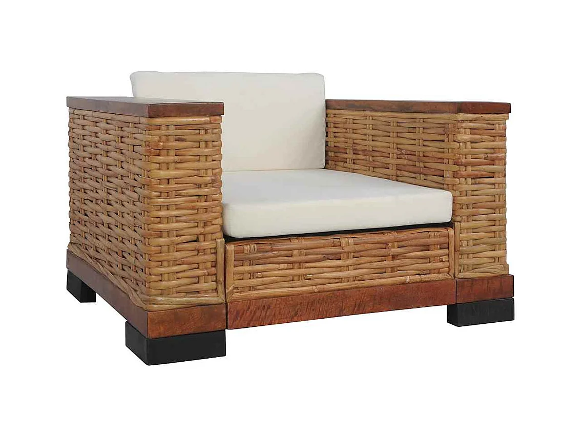 2-delige bankstel met bruine kussens van natuurlijk rotan