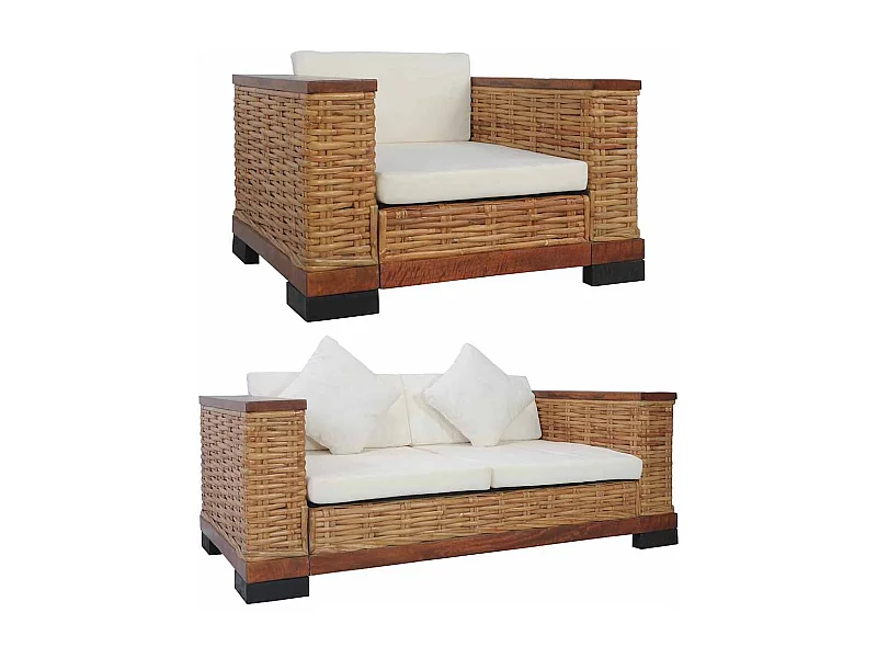 Conjunto de sofá de 2 piezas con cojines marrones de ratán natural