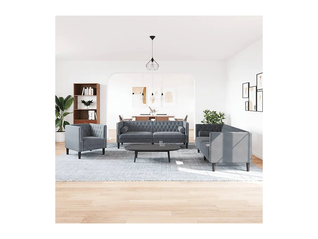 Conjunto de sofá Chesterfield de 3 piezas y cojín en gris oscuro