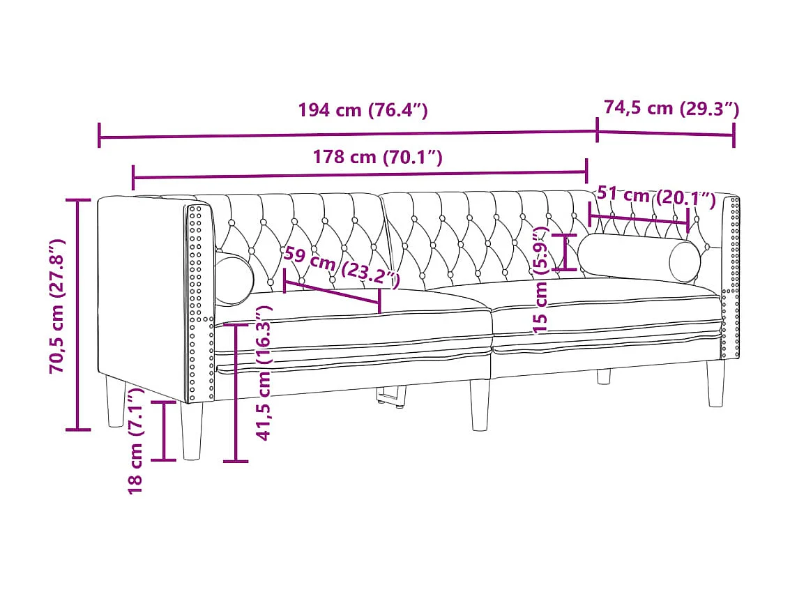 Conjunto de sofá Chesterfield de 3 piezas y cojín en gris oscuro