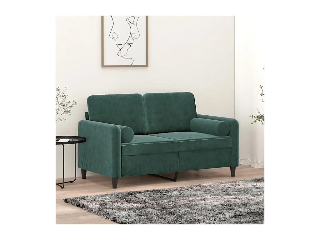 Sofá de 2 plazas con cojines verde oscuro de terciopelo de 120 cm.
