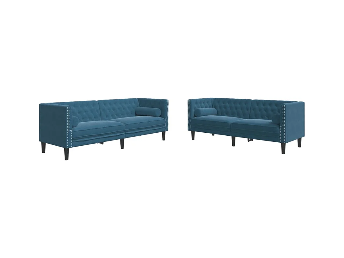 2-teiliges Chesterfield-Sofa-Set und Nackenrollen, blauer Samt