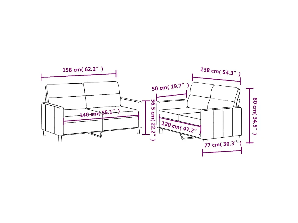 2-teiliges Sofaset mit Kissen, schwarzer Stoff
