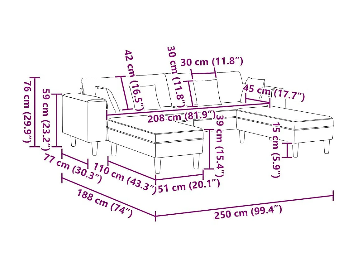 Stoffen bank met zwart kussen 208 cm stof