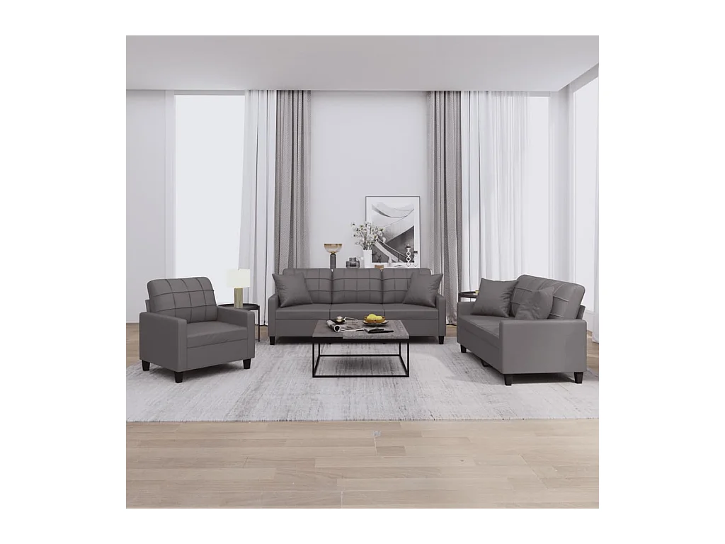 Set di divani da 3 pezzi con cuscini in similpelle grigia