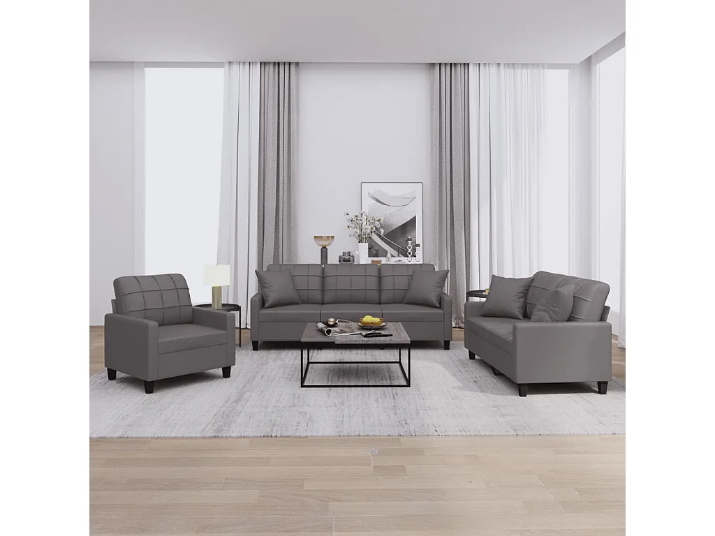 Conjunto de sofá de 3 piezas con cojines de piel sintética gris