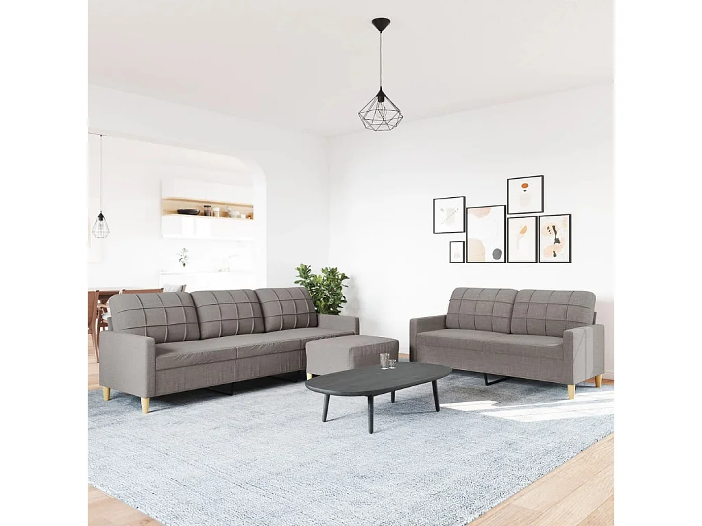3-teiliges Sofaset mit Fußhocker, taupefarbener Stoff