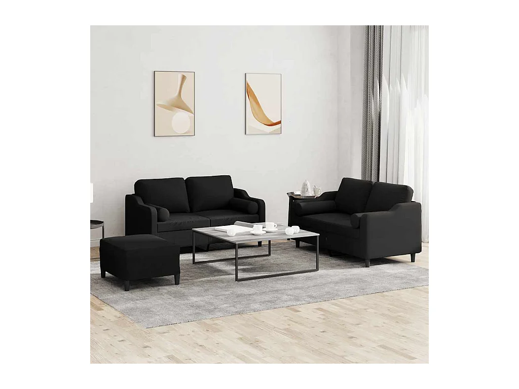 Conjunto de sofá de 3 piezas con cojines de tela negra