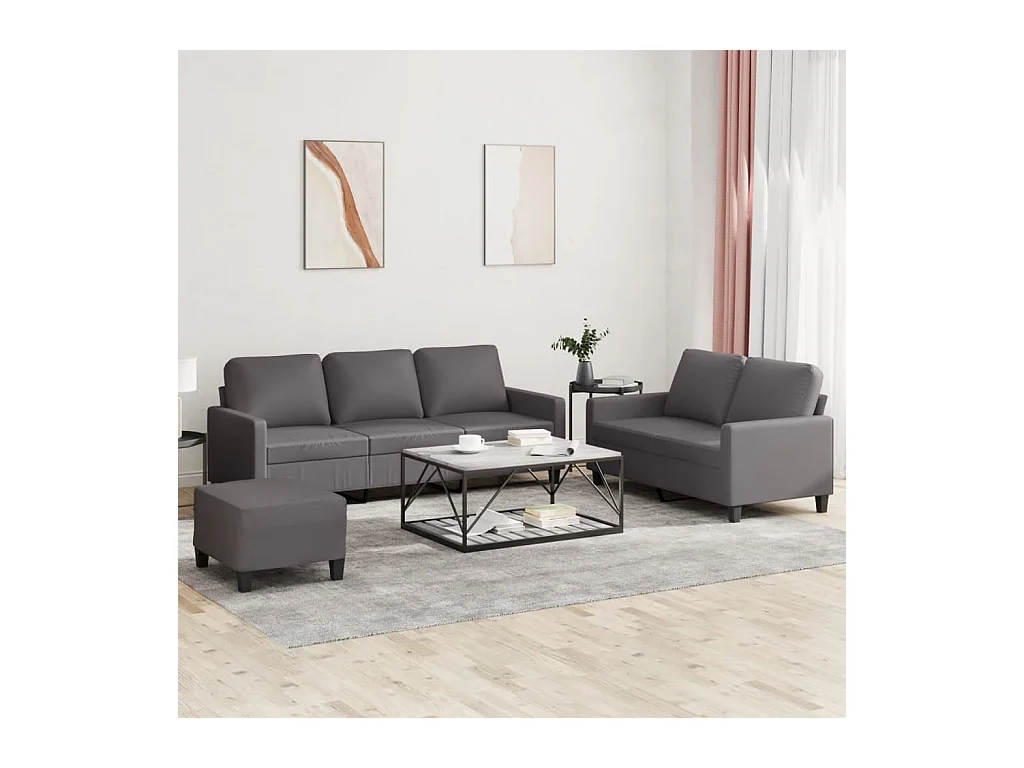 Set di divani 3 pezzi con cuscini in similpelle grigia