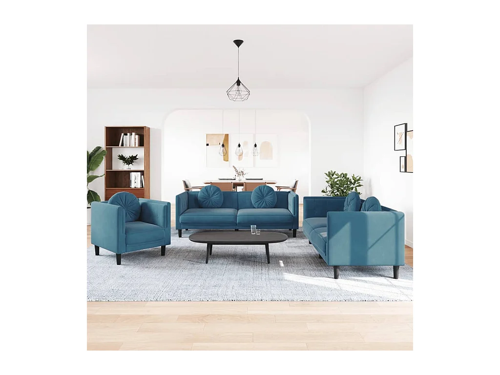 3-teiliges Sofaset mit blauen Samtkissen