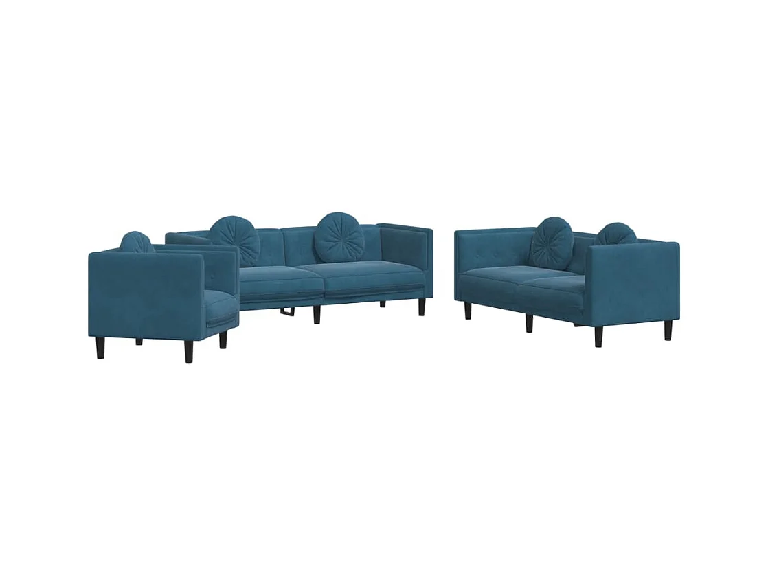 3-teiliges Sofaset mit blauen Samtkissen