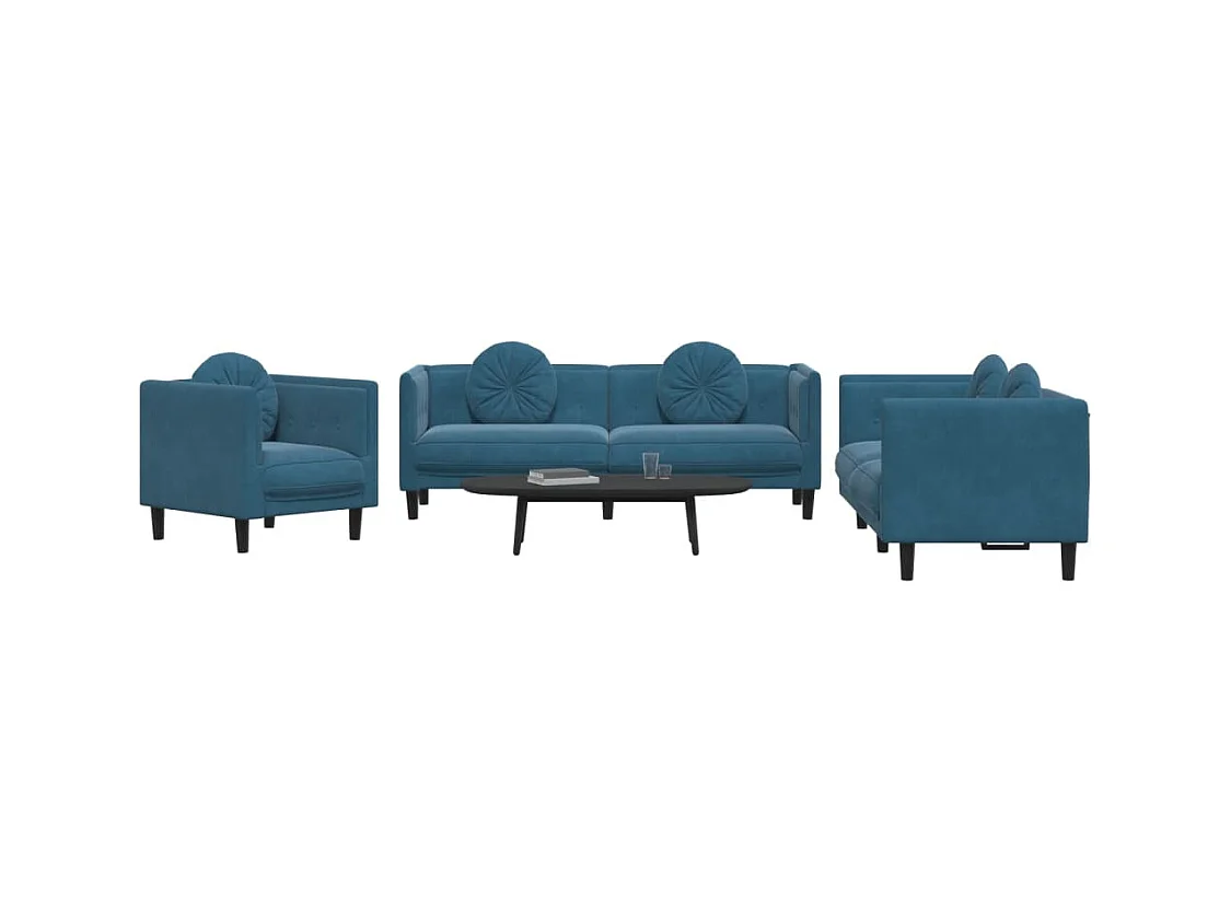 3-teiliges Sofaset mit blauen Samtkissen