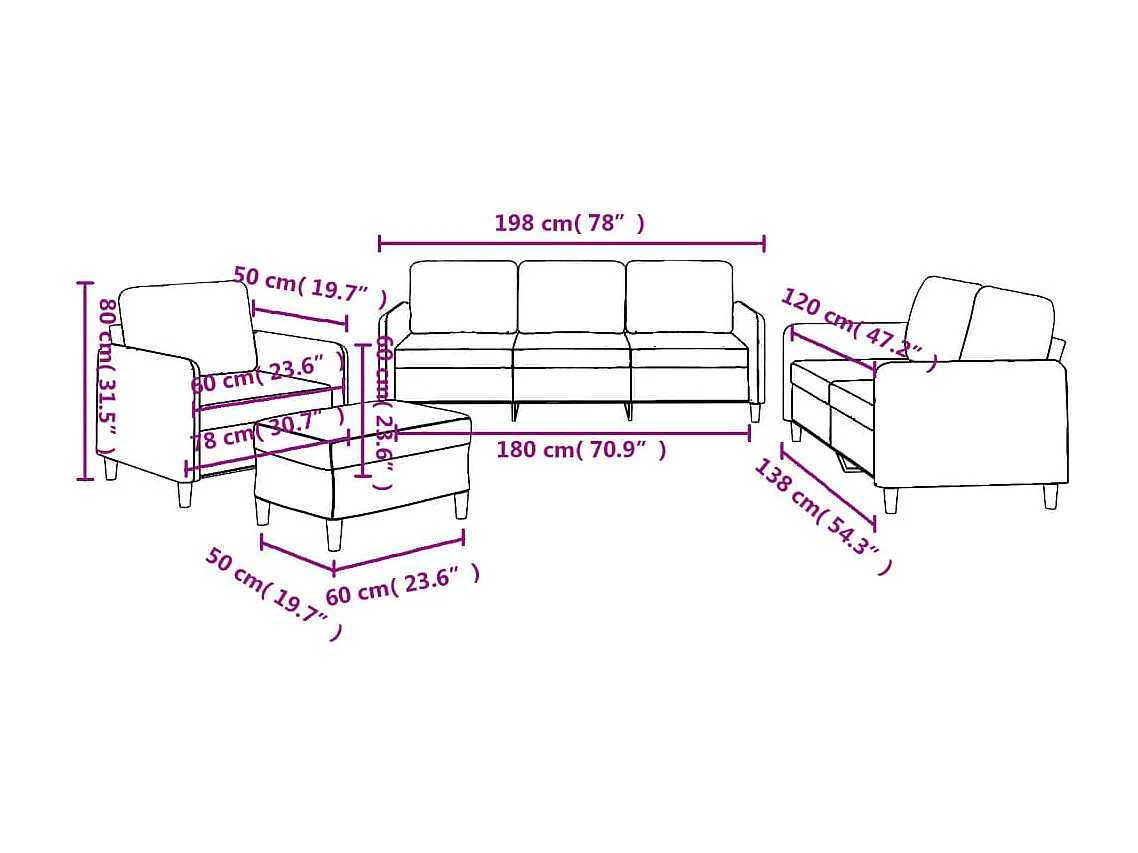 4-delige bankset met kussens taupe stof