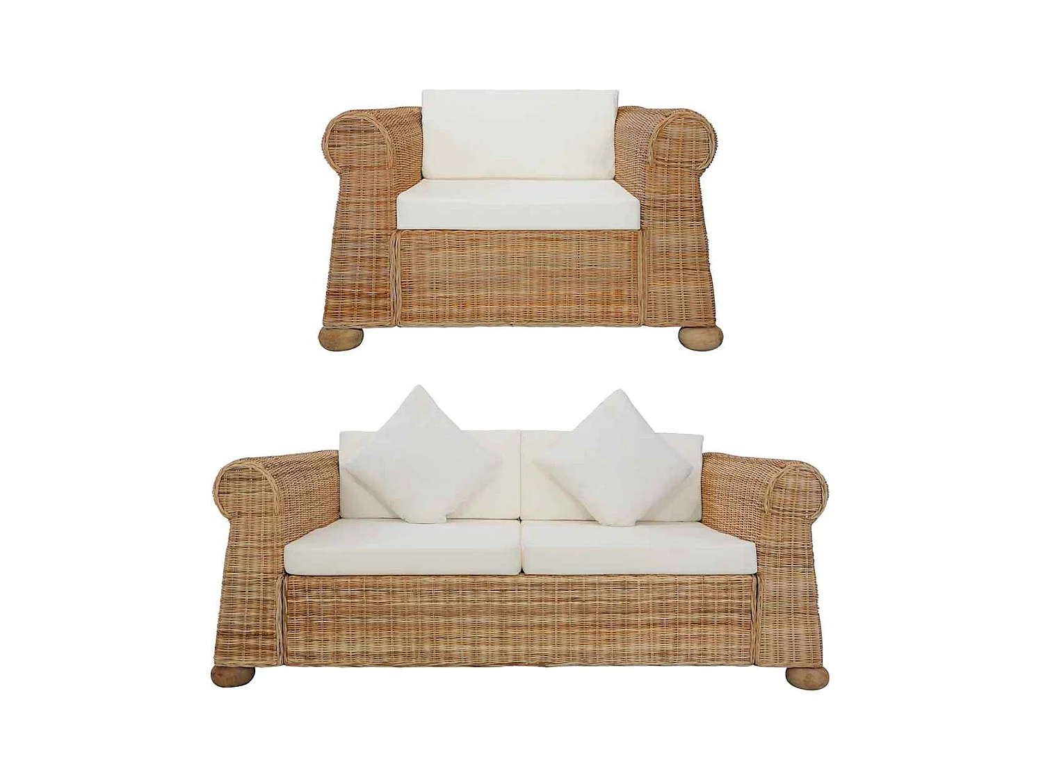 2-teiliges Sofaset aus natürlichem Rattan mit Kissen