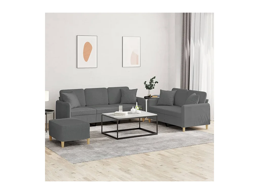 3-teiliges Sofaset mit dunkelgrauen Stoffkissen