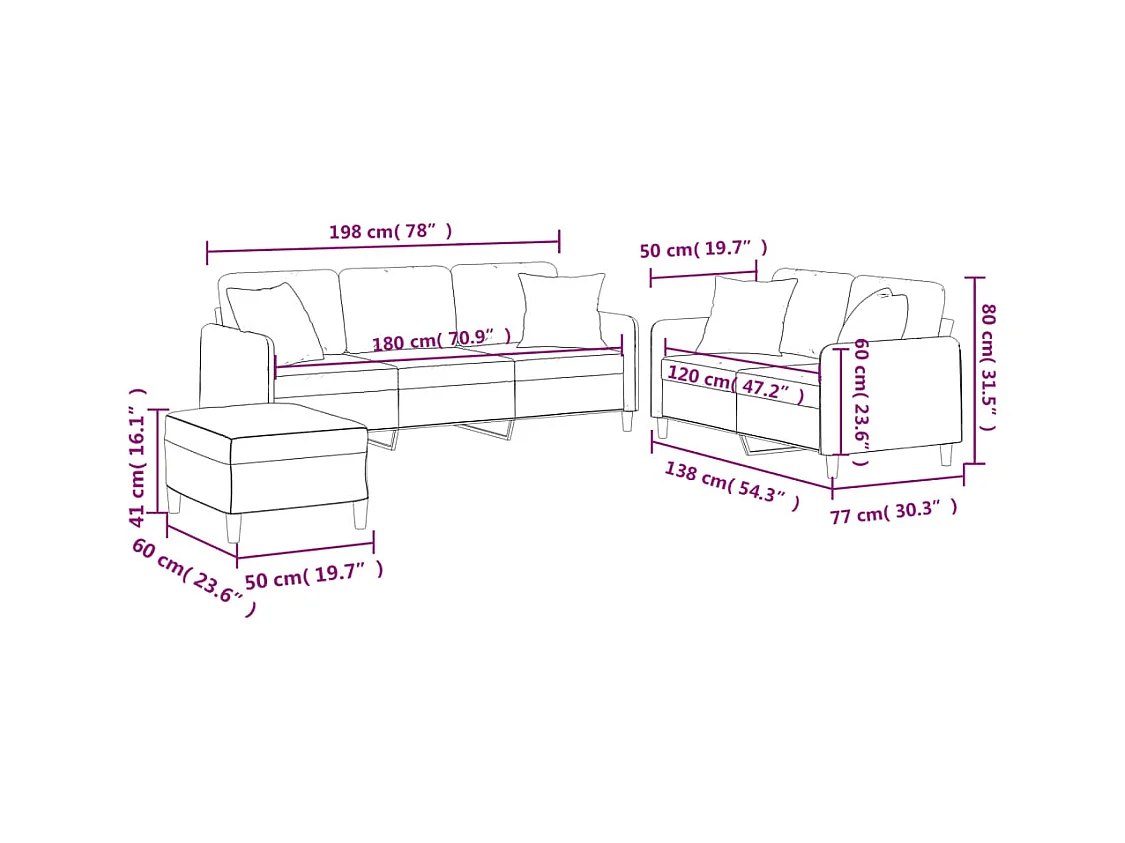 3-teiliges Sofaset mit dunkelgrauen Stoffkissen