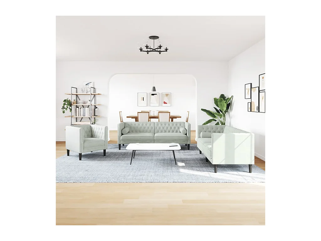 Conjunto de sofá Chesterfield con cojines, 3 piezas, gris claro