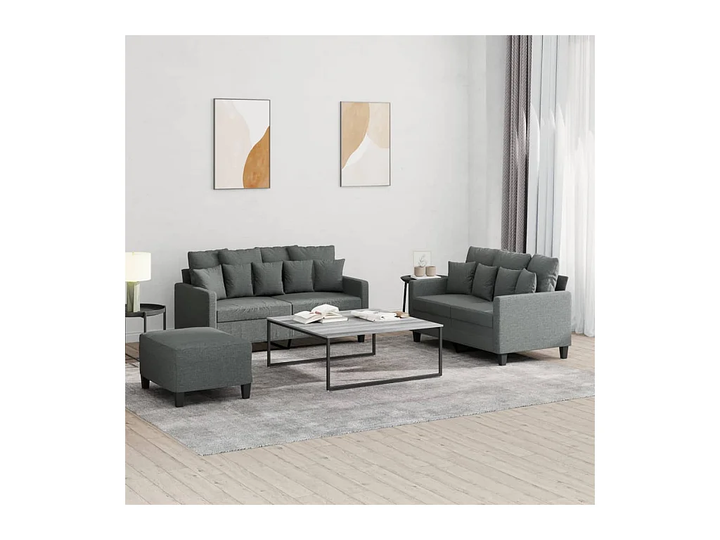 Set di divani 3 pezzi con cuscini in tessuto grigio scuro