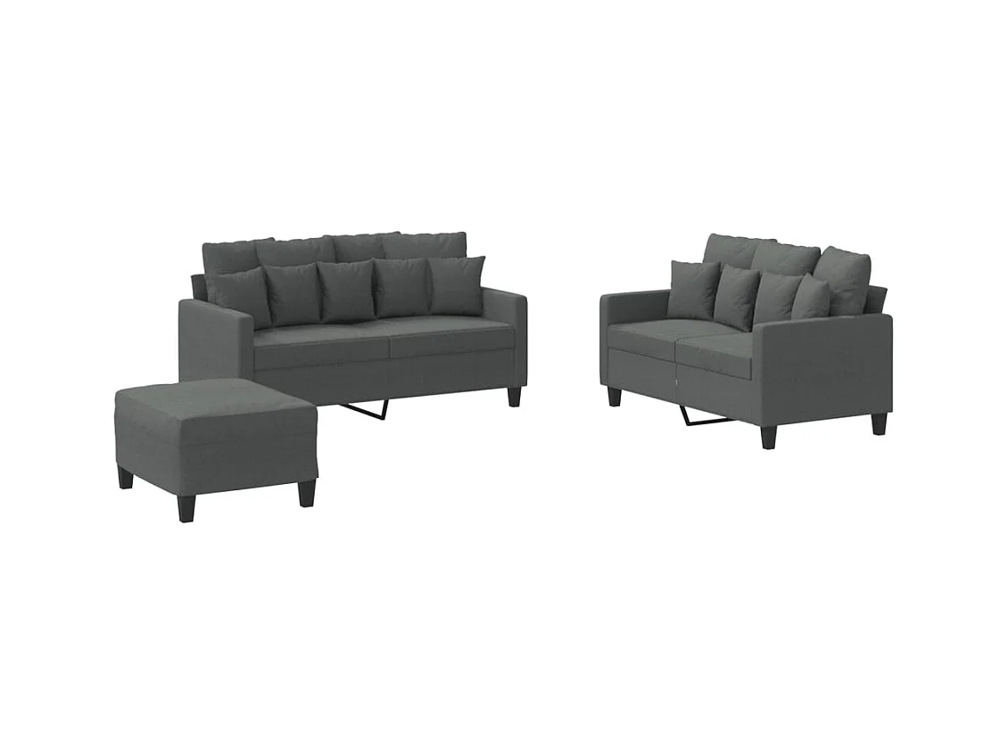 Set di divani 3 pezzi con cuscini in tessuto grigio scuro