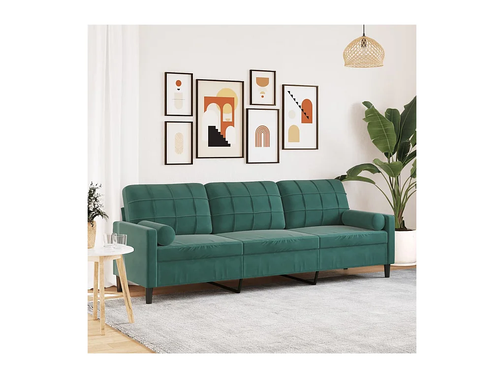 Sofá de 3 plazas con cojines verde oscuro de terciopelo de 210 cm.