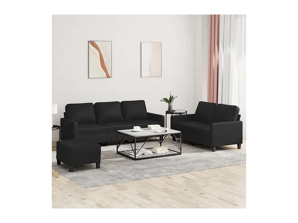 Conjunto de sofá de 3 piezas con cojines de piel sintética negra