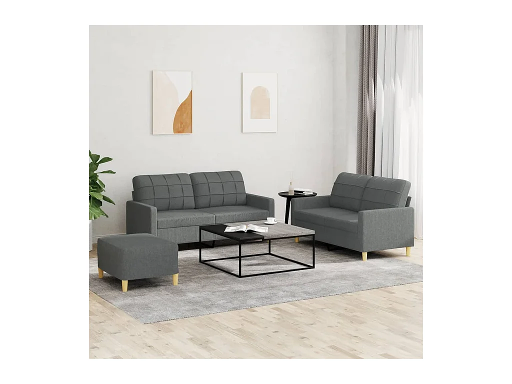 3-teiliges Sofaset mit Kissen, dunkelgrauer Stoff